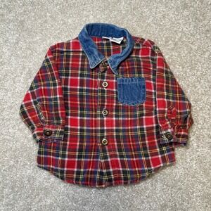 Kids N Fun‎ Plaid Flannel Denim Collar Long Sleeve Button Up Shirt 12M
